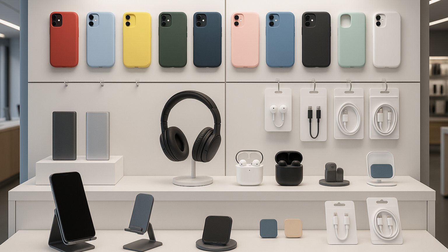 Loja de eletrônicos como capas de celular, powerbanks, fones de ouvidos e mais